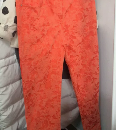 玛丝菲尔棉混纺橘色橙色亮丽提花小脚裤高腰休...