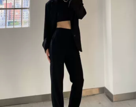 自制坠垂感黑色显瘦开叉休闲裤春夏高腰宽松运...