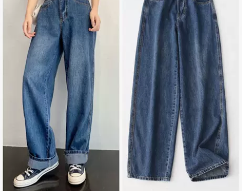 ?出口日单秋季新款宽松复古高腰bf风宽腿直...