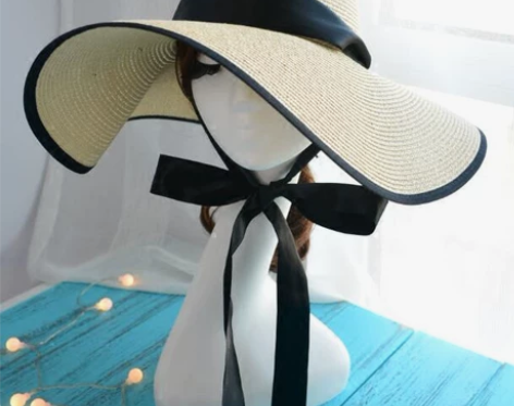 简约大帽檐大檐帽名媛气质系带防风绳草帽草编...