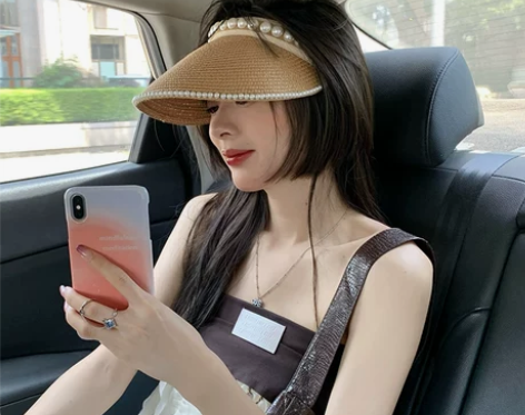 草编珍珠遮阳帽发箍空顶草帽女夏季发卡无顶遮...