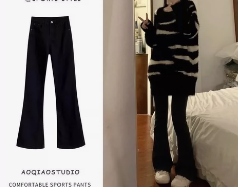 黑色微喇牛仔裤女2022秋冬新款弹力高腰显...