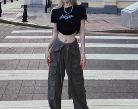 欧美ins工装裤女春秋高腰显瘦宽松直筒阔腿...