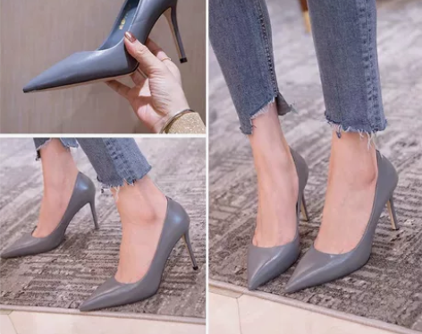 尖头高跟鞋女蓝色秋季浅口女鞋细跟气质真皮黑...