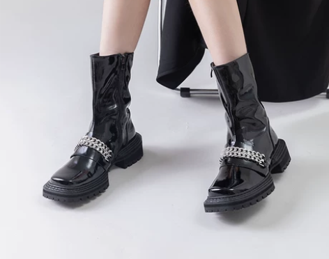 原创设计2021新款真皮金属链条厚底方头马...