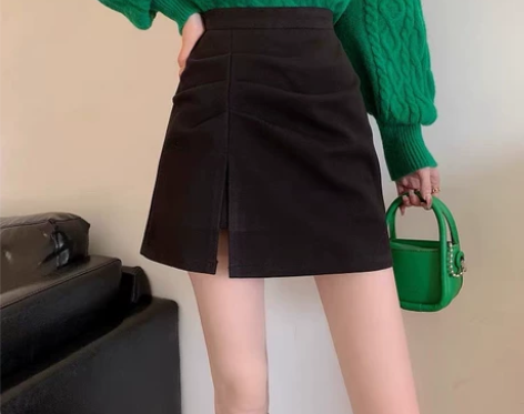 毛呢开叉半身裙女高腰显瘦a字裙春秋季202...