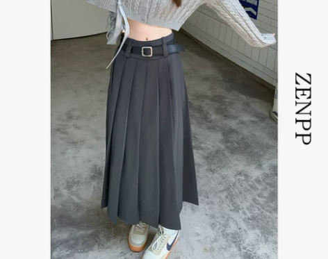 灰色西装百褶a字半身裙女秋冬配毛衣半裙高腰...