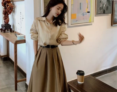 ?卡其色半身裙女高腰a字2022夏季中长款...