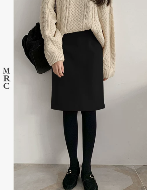 毛呢直筒中长款开叉高腰包臀裙2019秋冬