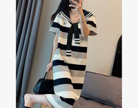 海军领条纹连衣裙女学院风中长款小个子t恤裙...