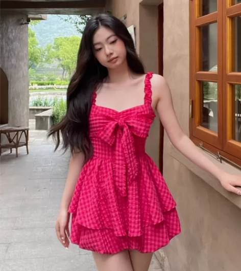 下蛋喵 树莓果玫粉色格子蝴蝶结绑带蓬蓬连体...