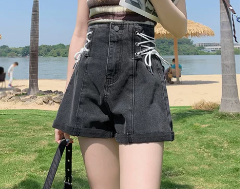 高腰绑带牛仔短裤女宽松夏季2022新款显瘦...