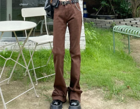 高腰微喇叭牛仔裤女春秋季2021新款美式复...