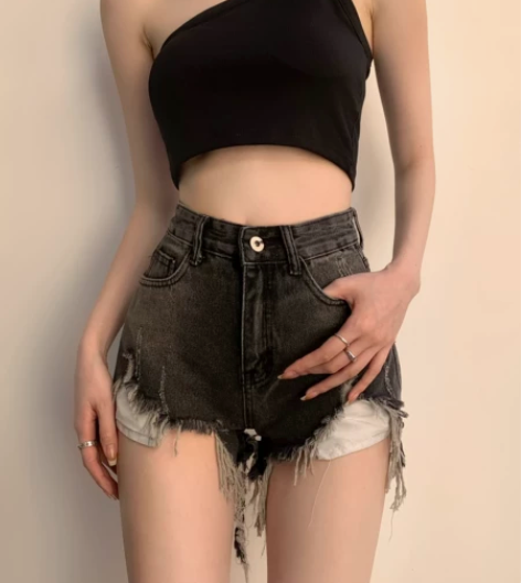 水洗毛边破洞牛仔短裤女装夏季薄款热裤宽松直...