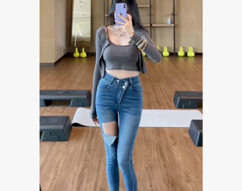 韩版春夏破洞水洗蓝色牛仔裤女新款百搭高腰修...