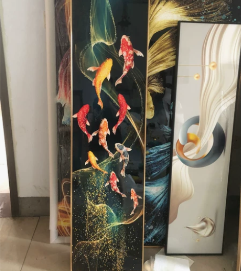 高档精瓷画，手工镶钻，九鱼聚财，轻奢现代简...