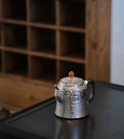 张家松亲工战国纹小泡壶纯银999手工打制烧...