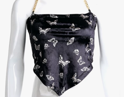 高腰短款露脐链条挂脖丝绒吊带背心女蝴蝶印花...