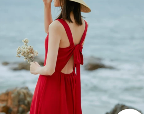 沙滩裙2019新款三亚海边度假裙子露背红色...