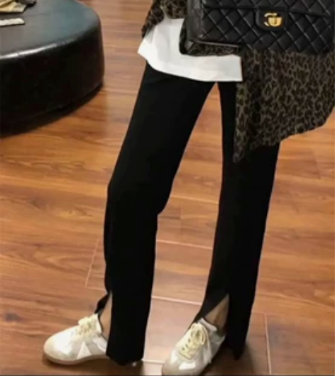 加绒开衩灯芯绒阔腿裤，黑色，裤长104，松...