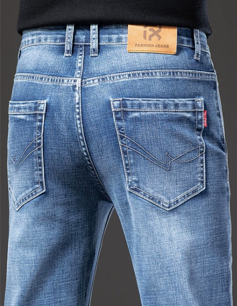 香港斜插袋牛仔裤男春秋款宽松直筒浅蓝加绒弹...