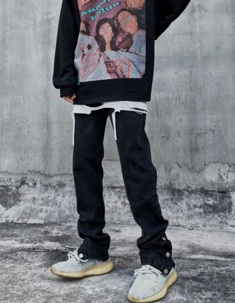 牛仔裤裤子ins高街设计感黑色潮牌开叉侧排...