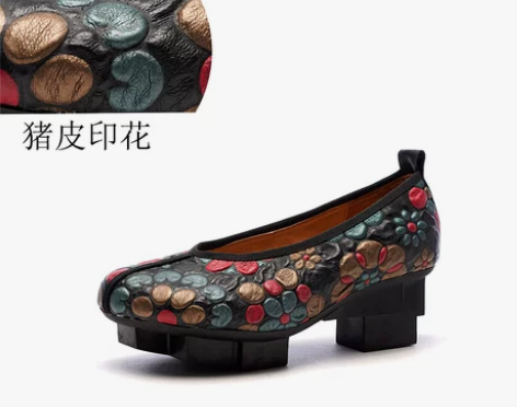 复古单鞋女真皮花朵圆头中跟浅口低帮中年女鞋...