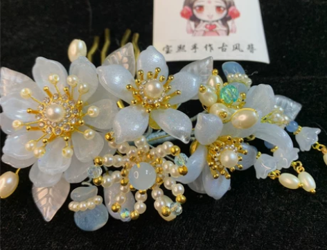 原创#浅蓝银粉茉莉发梳#汉服发饰#古风百搭...