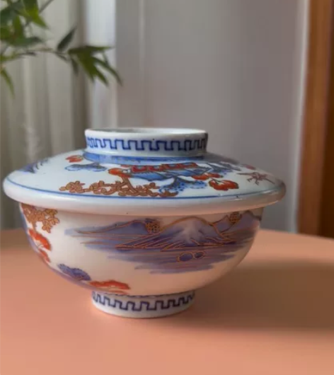 日本伊万里老盖碗 青花釉里红描金 天包地盖...