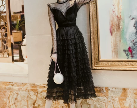 秋冬新款名媛气质法式长袖网纱拼接蕾丝蛋糕连...