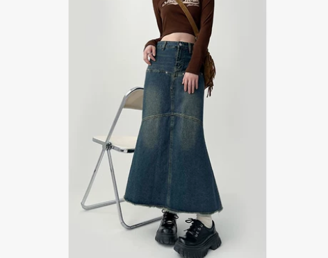 雨气泡复古蓝色牛仔半身裙女秋冬设计感小众鱼...