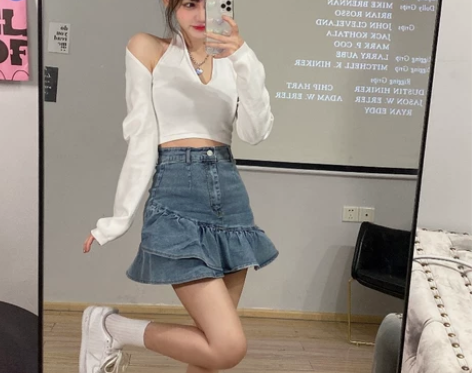 辣妹荷叶边牛仔半身裙女2021夏季甜辣高腰...