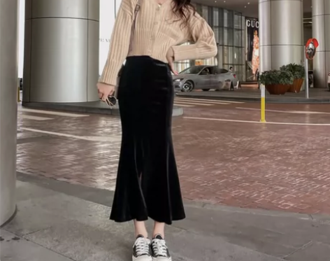 鱼尾裙 长裙鱼尾裙金丝绒高腰开叉半身裙女2...