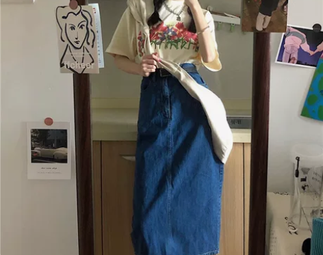 牛仔半身裙女中长款复古港风开叉裙子夏季半截...