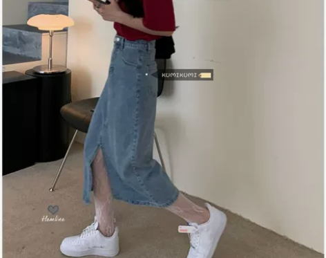 KUMI港风复古牛仔开叉裙子女2022新款...