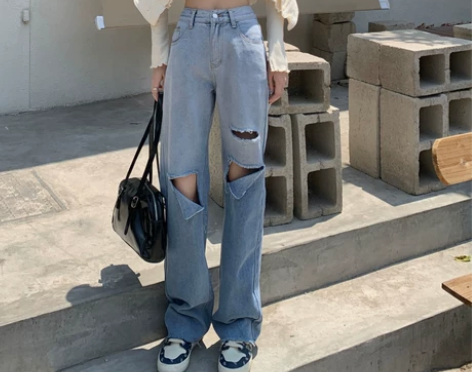 渐变牛仔裤夏季2021新款高腰直筒裤设计感...