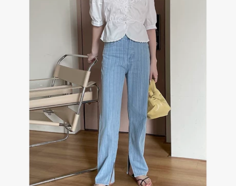 BK CAT 竖条纹高腰牛仔裤百搭纯色直筒...