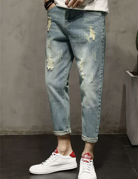 春秋潮牌新款男装九分牛仔裤男直筒宽松破洞