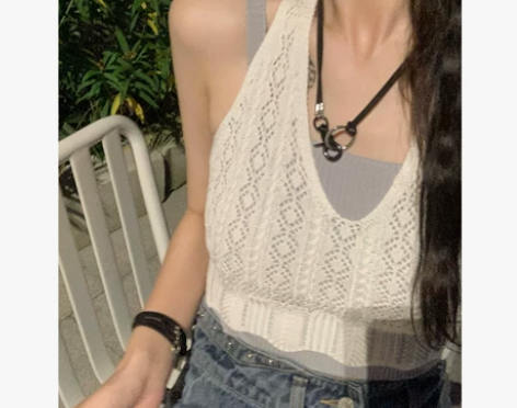 財哥不熬夜白色挂脖吊带背心女2121新款上...