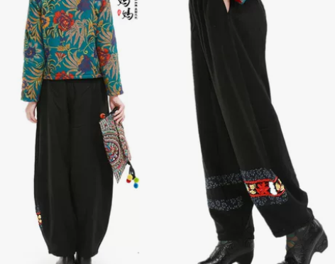 中老年裤子女秋冬民族风绣花加绒萝卜裤妈妈装...