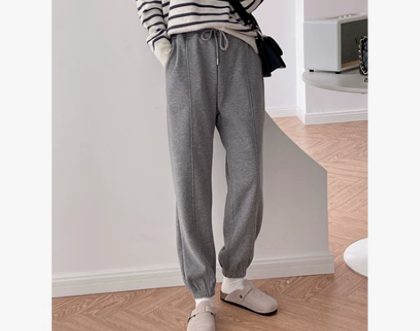 加绒加厚海岛绒运动卫裤冬松紧腰压杆线条宽松...