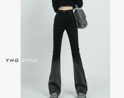 黑色微喇牛仔裤女春秋2022年新款渐变马蹄...