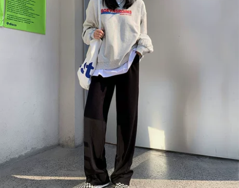 黑针织阔腿裤女秋冬高腰垂感加厚宽松显瘦直筒...