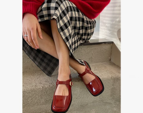 真皮红色平底玛丽珍鞋法式复古日系jk方头小...