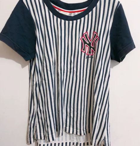 mlb女士春夏棒球T恤条纹宽松NY棒球服短...