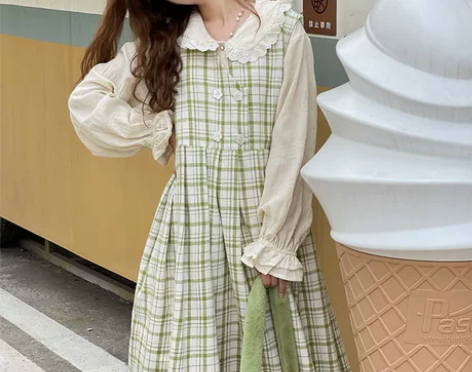 蛋包饭餐厅_百褶格子连衣裙女秋冬季日系学生...