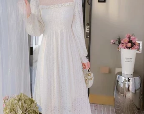 2023春季新款蕾丝连衣裙女打底显瘦收腰网...