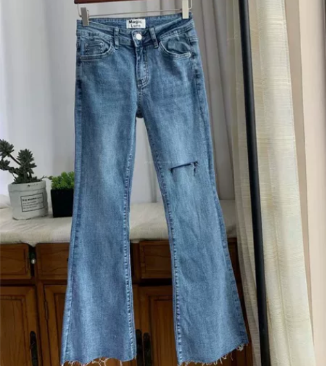 欧货春夏柔软高弹性破洞毛边喇叭牛仔裤叭裤微...