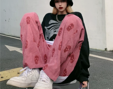 灯芯绒裤子女夏季复古显瘦运动长裤宽松高腰薄...