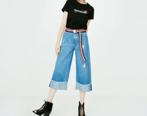 【女王价】ONLY春夏新款低腰破洞卷边阔腿...